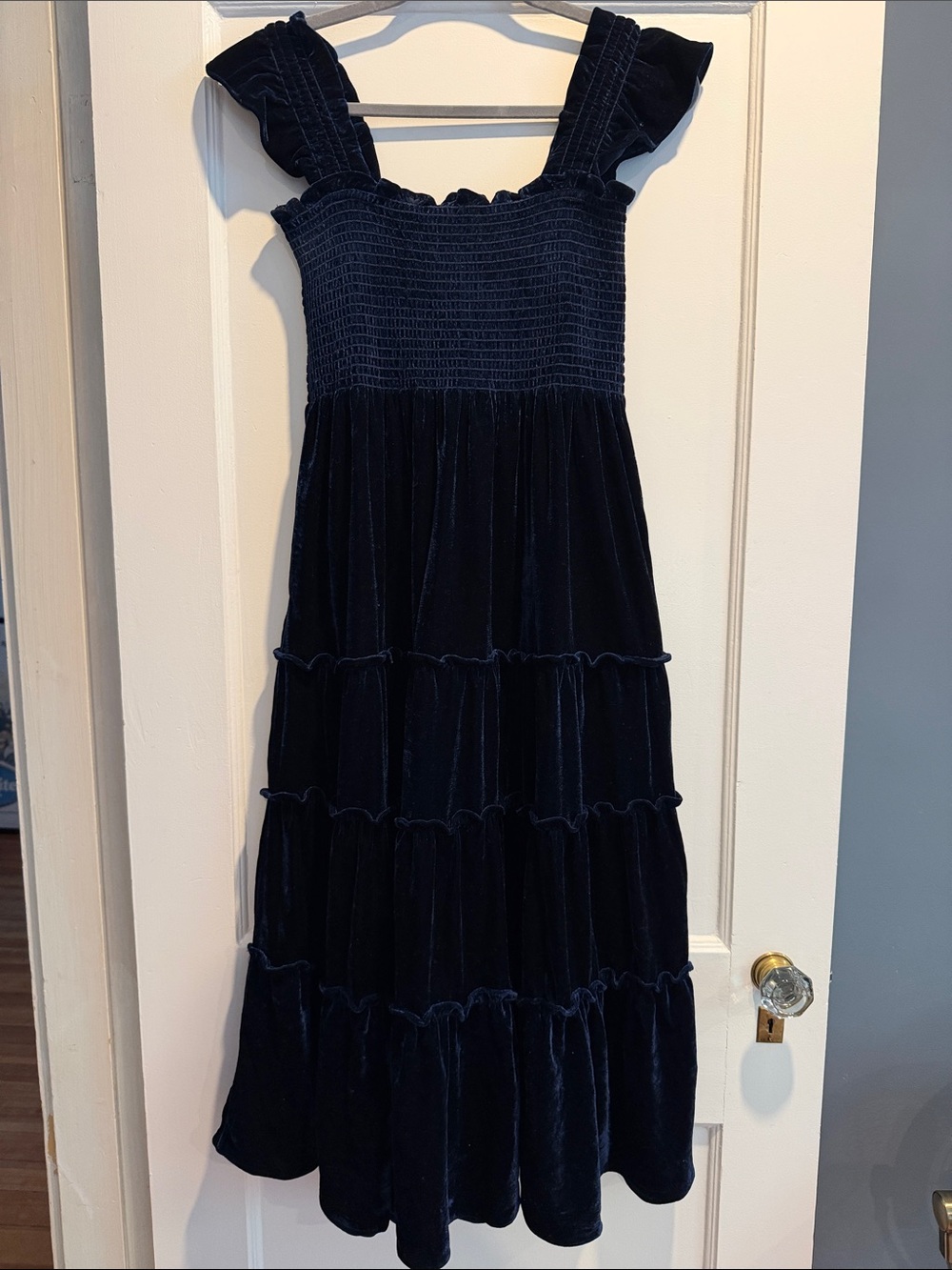 Smocked Velvet Tiered Formal Dress in Navy
